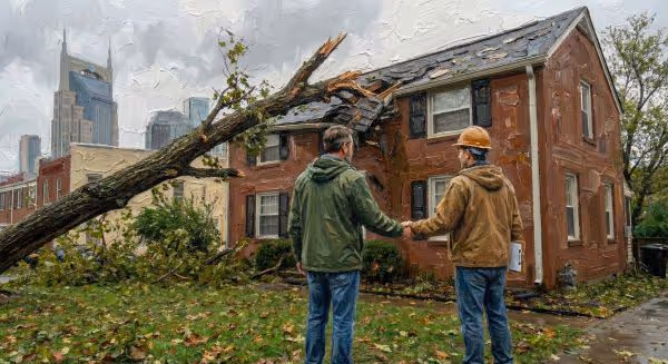 Two men inspecting a house with a large fallen tree that damaged the roof during a storm, with city buildings in the background.