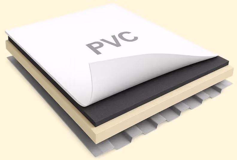 Layered construction diagram showing a white PVC top layer peeling back to reveal a black layer, a beige foam layer, and a corrugated metal base.