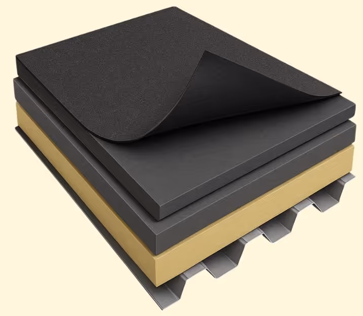 Layered building insulation material showing a black top sheet peeling back, middle foam layers, and a corrugated metal base.