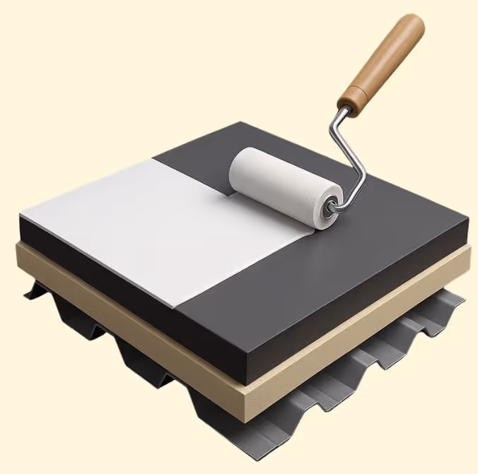 Paint roller applying white paint over a dark surface on a layered platform with a beige handle.