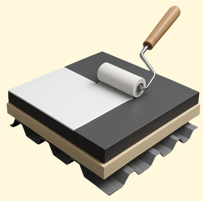 Paint roller applying white paint over a dark surface on a layered platform with a beige handle.