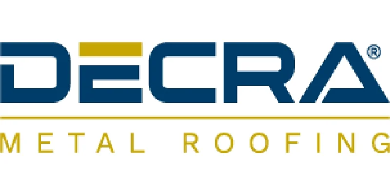 DECRA metal roofing logo with DECRA in blue and gold letters above a gold horizontal line and the words METAL ROOFING below.
