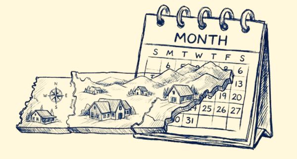 Hand-drawn illustration combining a wall calendar with a landscape map featuring houses, mountains, and a compass rose.