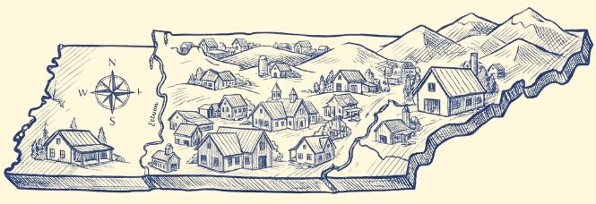Hand-drawn map of Tennessee with small village houses, mountains, and a compass rose indicating north, east, south, and west.