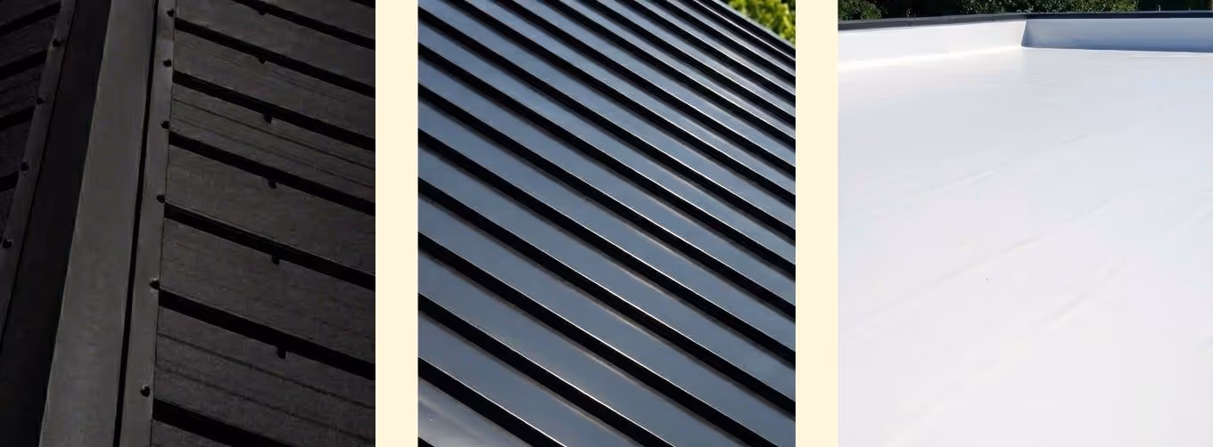 Three panels showing different roofing materials: dark textured metal roof, shiny sleek black metal roof, and smooth white flat roof.