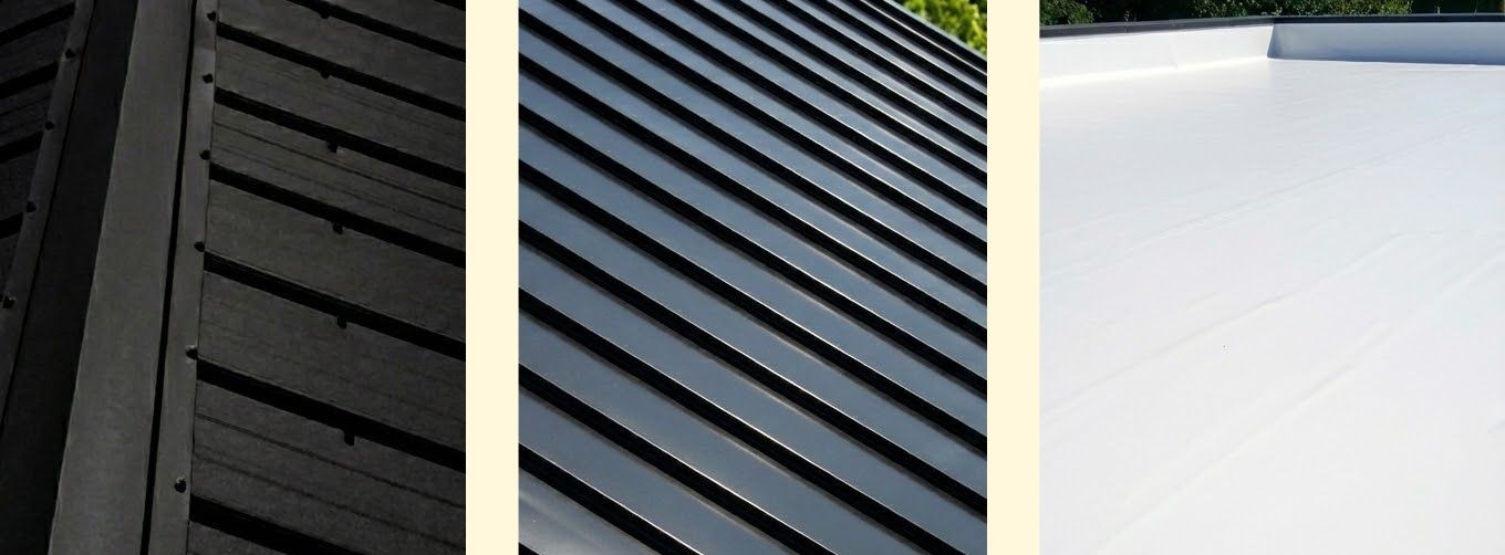 Three panels showing different roofing materials: dark textured metal roof, shiny sleek black metal roof, and smooth white flat roof.