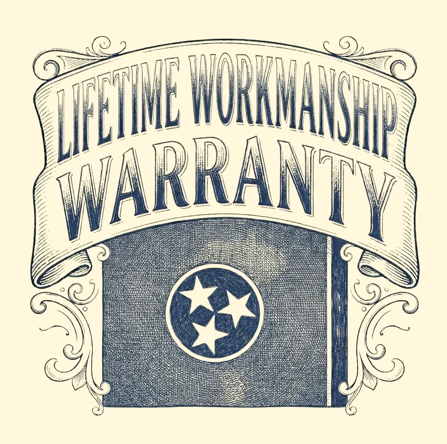 Vintage-style emblem with banner reading 'Lifetime Workmanship Warranty' above a textured rectangular background featuring a circle with three stars.