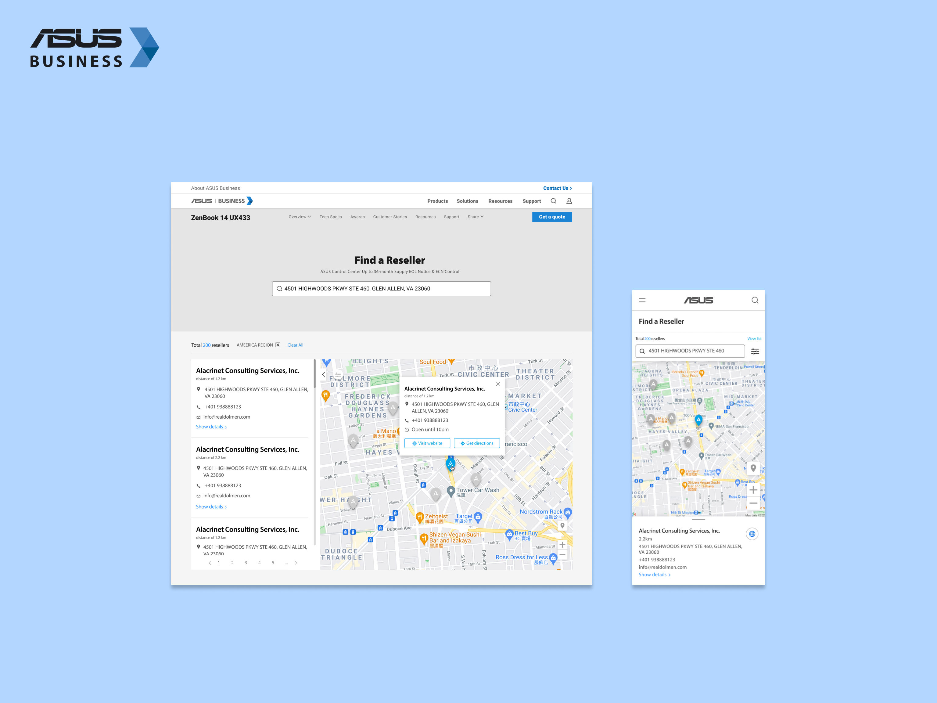 Find a reseller page in PC & mobile screen sizes