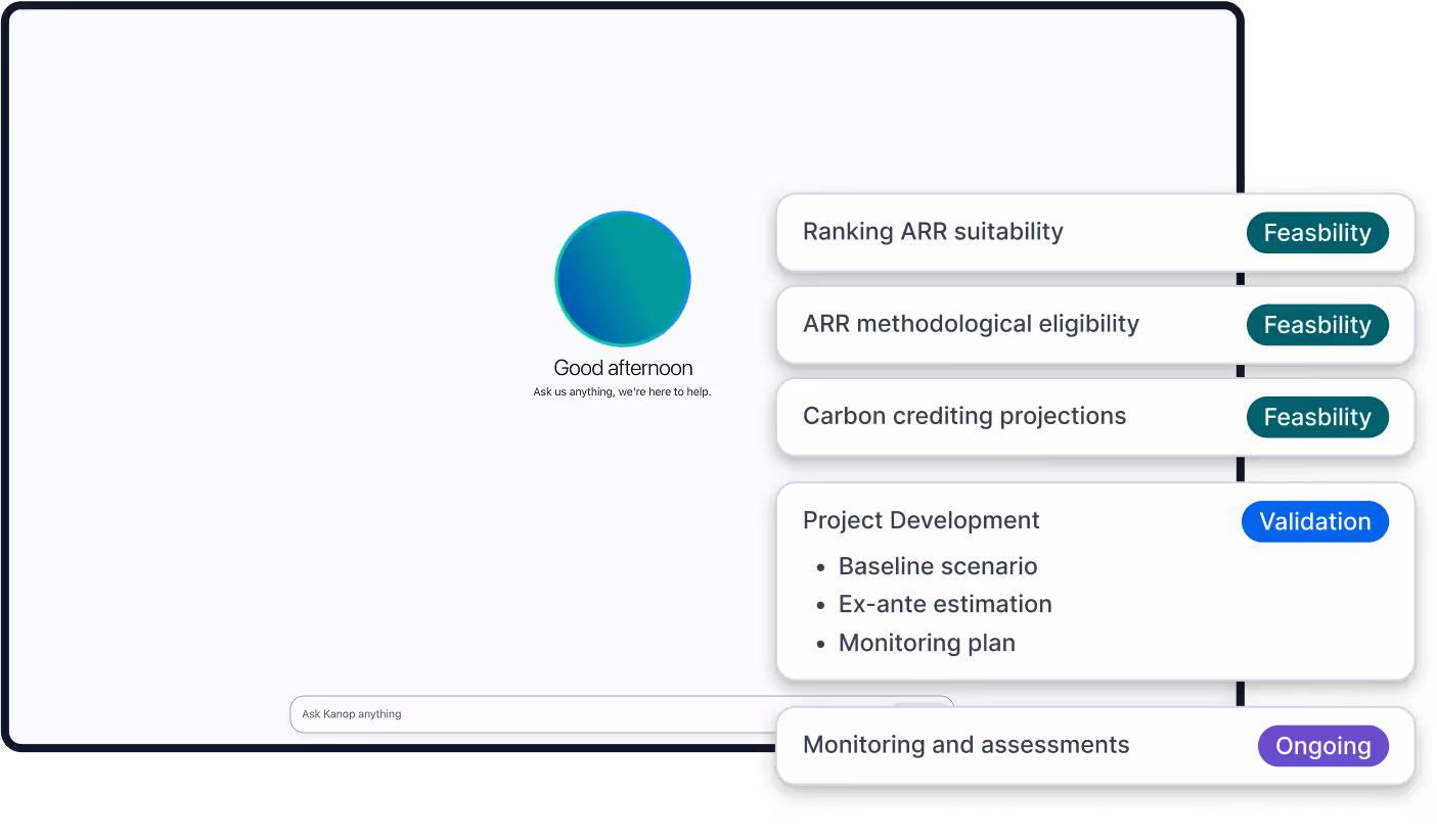 The dashboard to Kanop’s platform for precise and fast measurement of nature-based solutions and forest resource management.