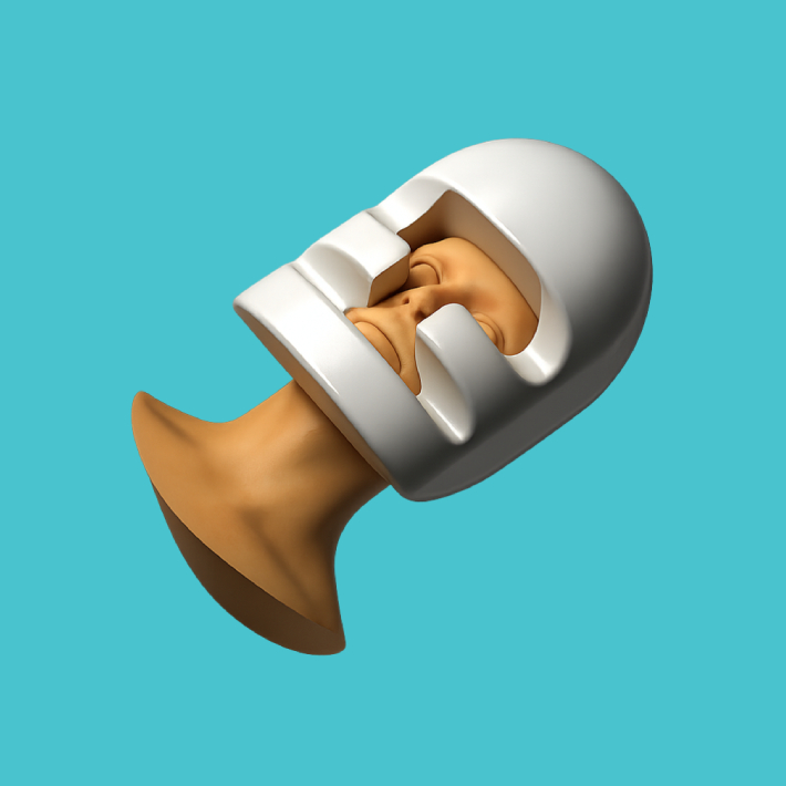 3D CAD drawing of a human head and neck with a UF Prone face cushion covering the face