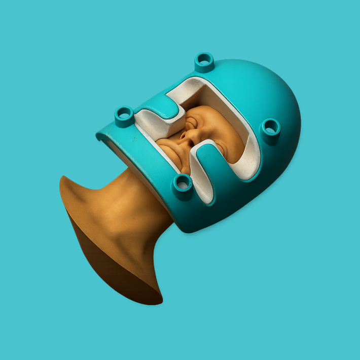 3D CAD drawing of human head and neck with the UF Prone face cushion and cradle covering the face.