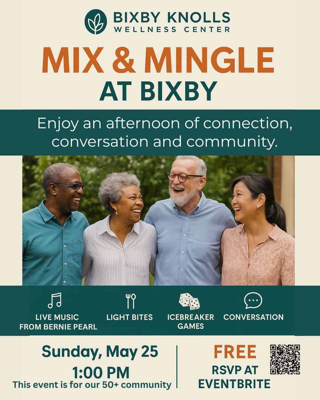 Fly annoucning Mix and Mingle at Bixby Knolls Wellness Center. Enjoy an afternoon of connection conversation and community.