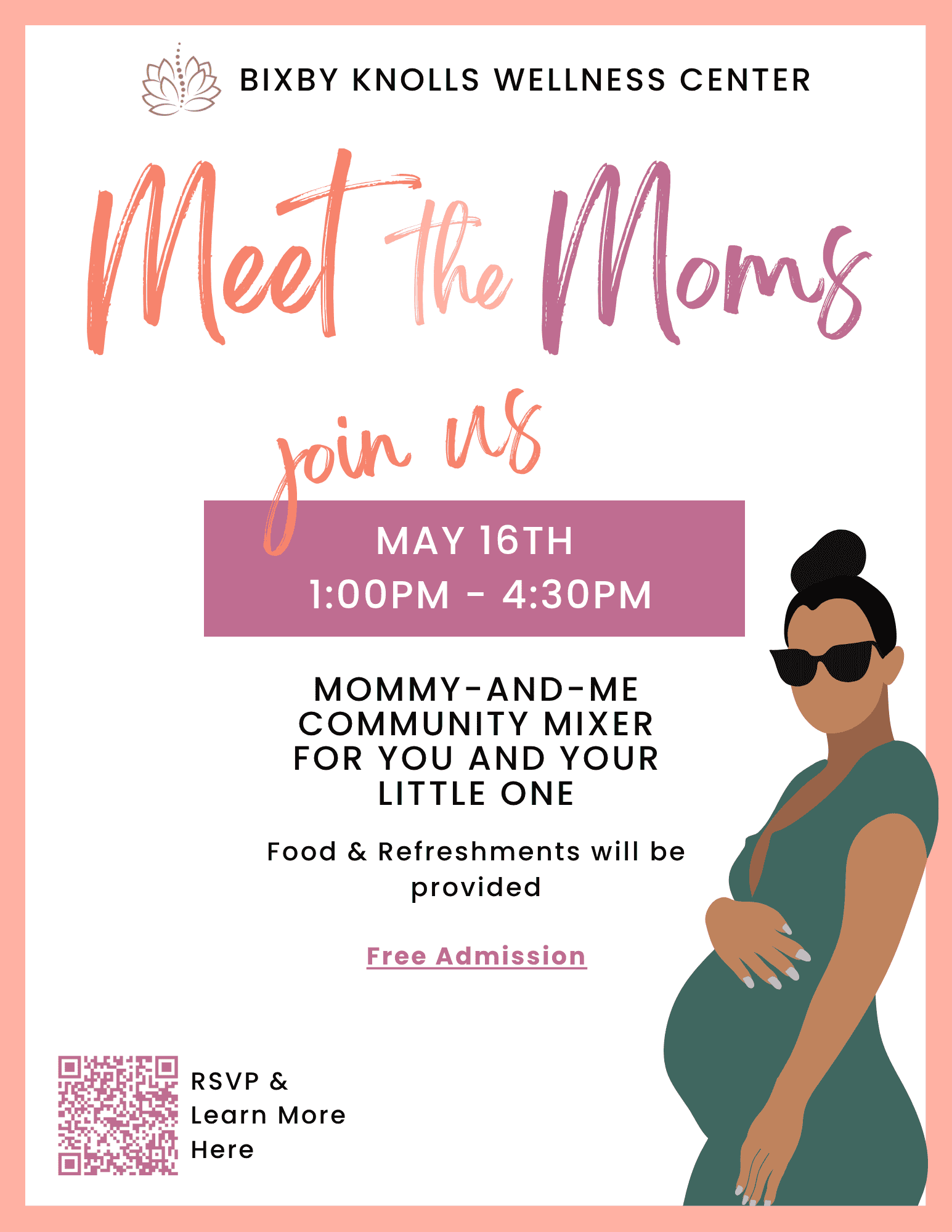 flyer for Meet the Moms at Bixby Knolls Wellness Center