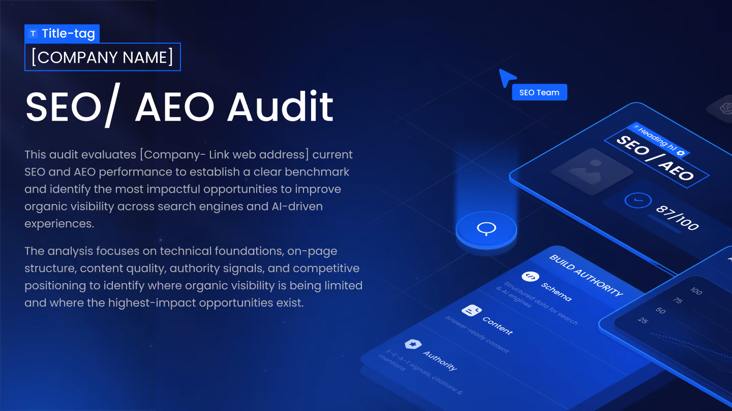 SEO/AEO Audit overview explaining evaluation of technical foundations, content, and authority for organic visibility.