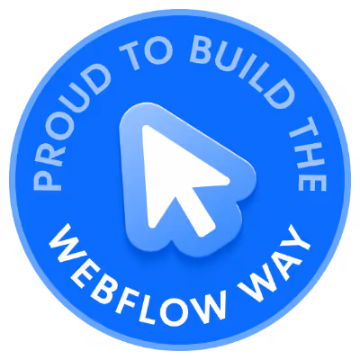 Blue circular badge with a white arrow cursor in the center and text around it reading 'Proud to build the Webflow way'.