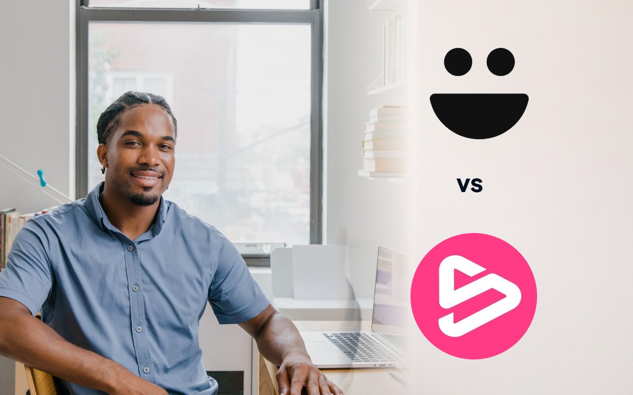 VideoAsk vs StoryPrompt logos next to a smiling man at his desk