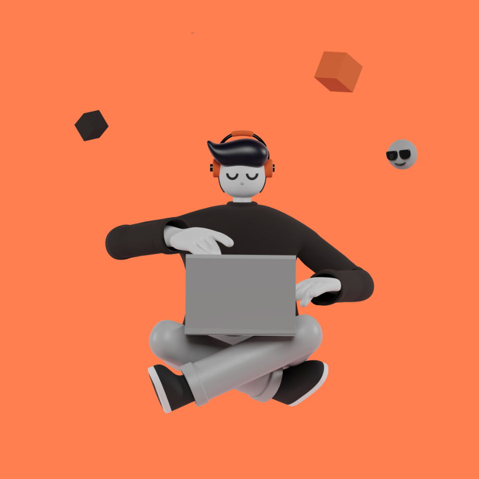 Man working on his laptop floating 3D