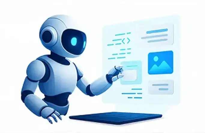 A futuristic robot interacting with a transparent digital interface displaying icons and text.