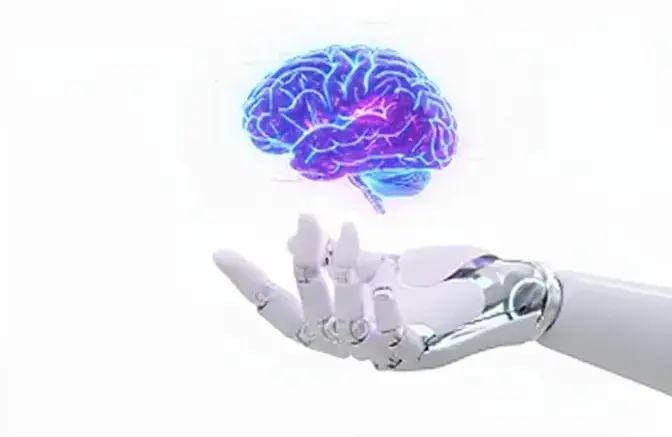 Robotic hand holding a glowing blue and purple digital brain hologram.