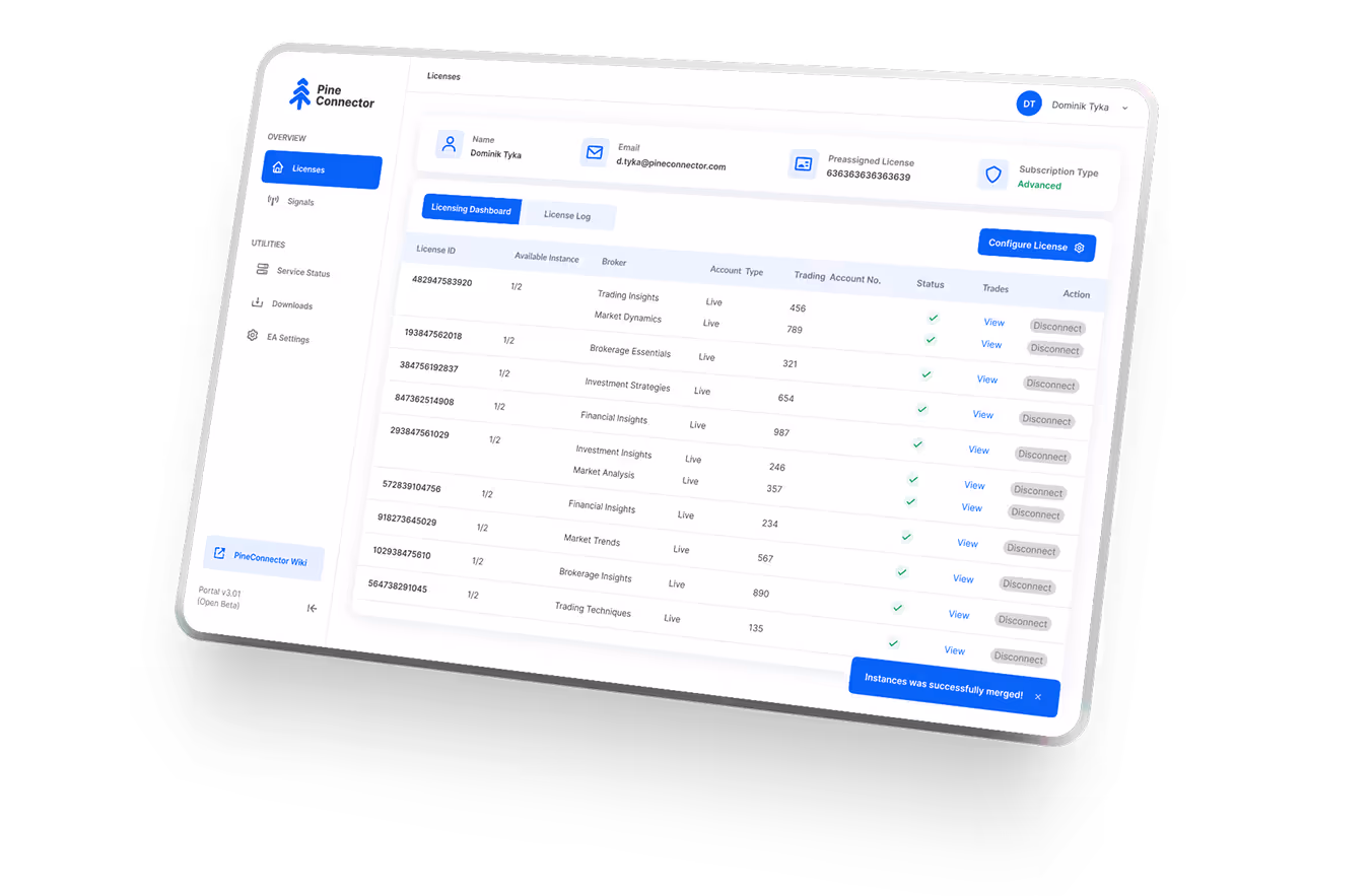 User interface of Pine Connector showing a licenses dashboard with license IDs, brokers, account types, statuses, and actions like view and disconnect.