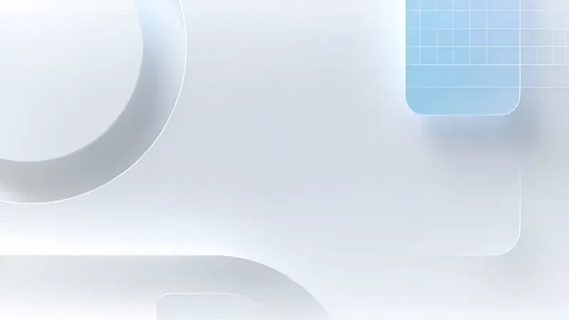 Abstract light gray and blue background with translucent geometric shapes including rounded rectangles and circles.