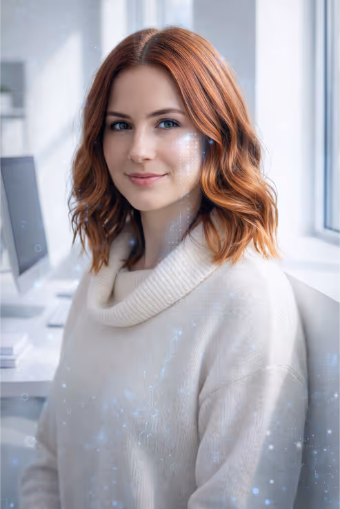 Smiling red-haired woman in a white sweater sitting in a bright office with a computer in the background.