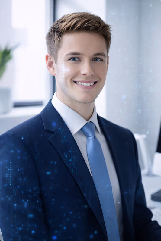 Young professional man in a navy suit and light blue tie smiling in a modern office setting.