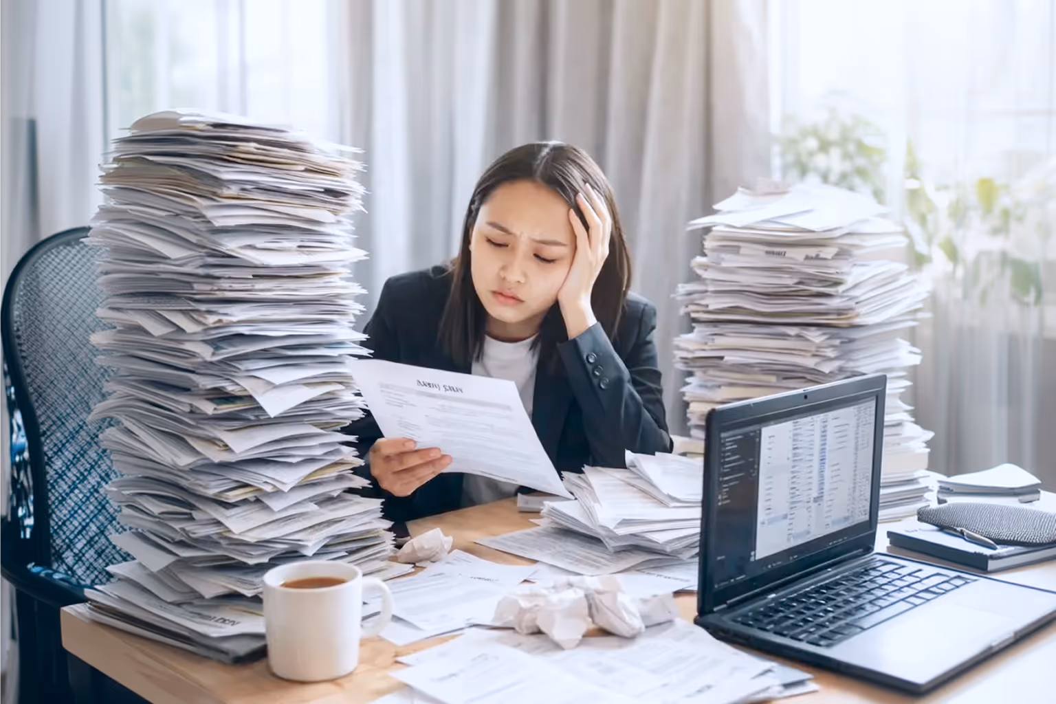 Group of five young professionals smiling and celebrating around a laptop in a modern office.