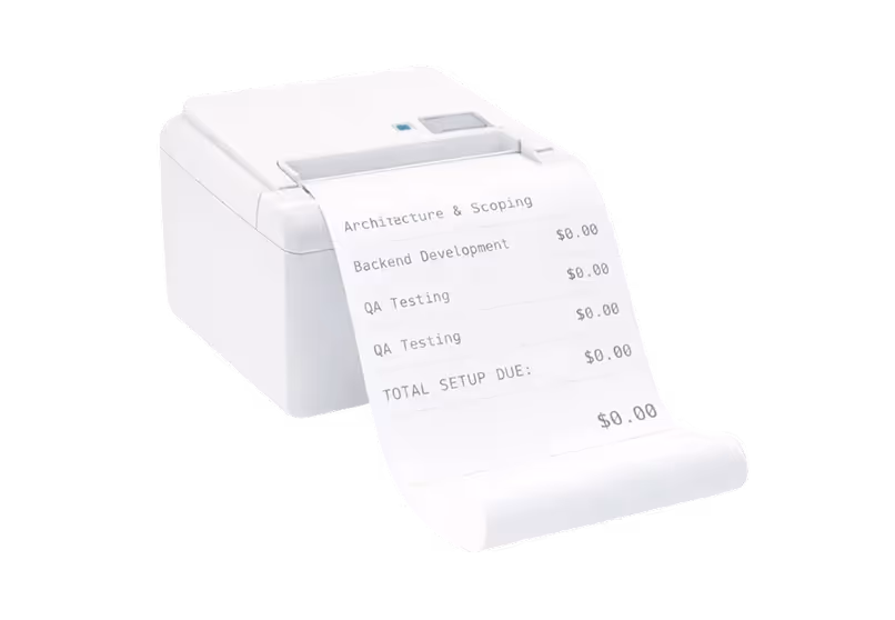 White receipt printer printing a receipt listing services like Architecture & Scoping, Backend Development, QA Testing, all with $0.00 charges.