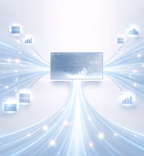 Digital screen displaying data charts connected to multiple streams of glowing blue light linking various data icons.