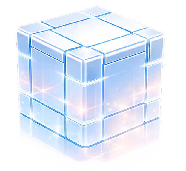 Shiny translucent blue cube made of smaller interconnected cubes with glowing light effects.