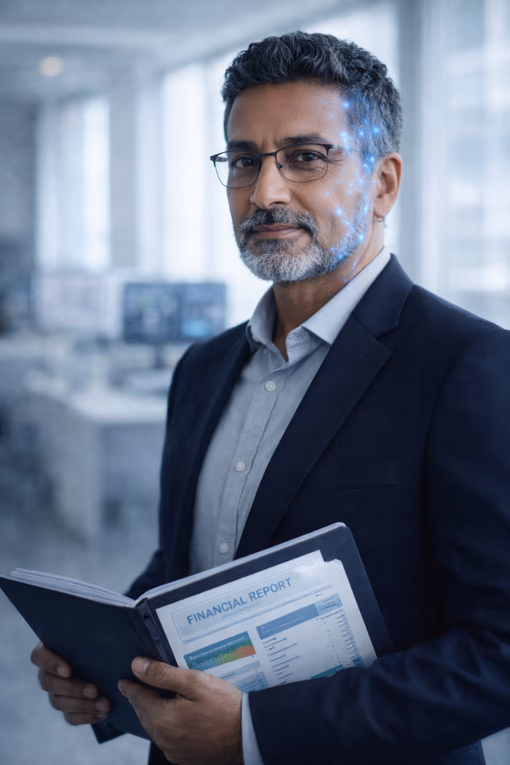 Headshot of a young man with dark hair and beard, wearing a blue shirt, against a light textured background.