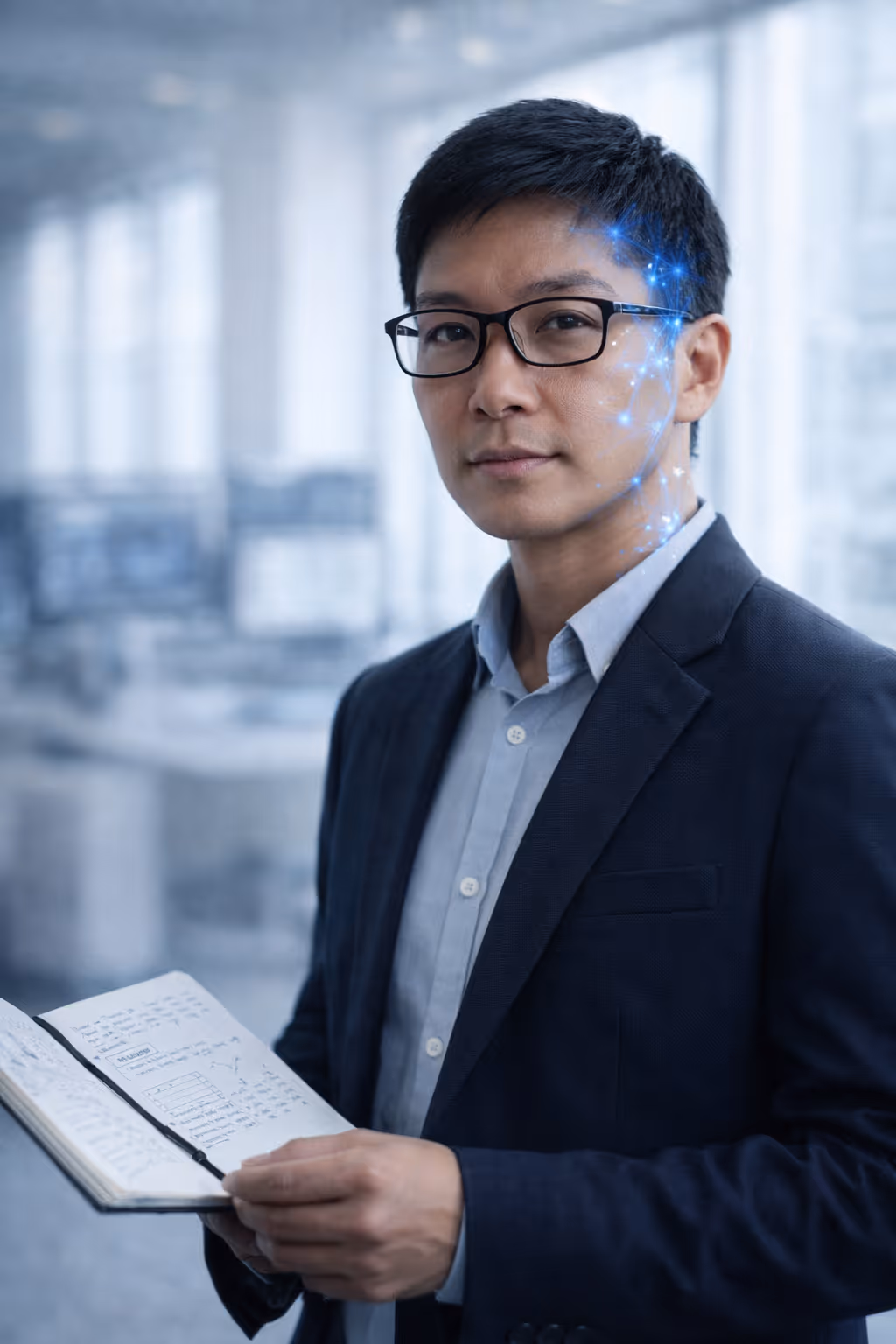 Smiling young man with dark hair, beard, and mustache wearing a blue shirt against a light wall background.