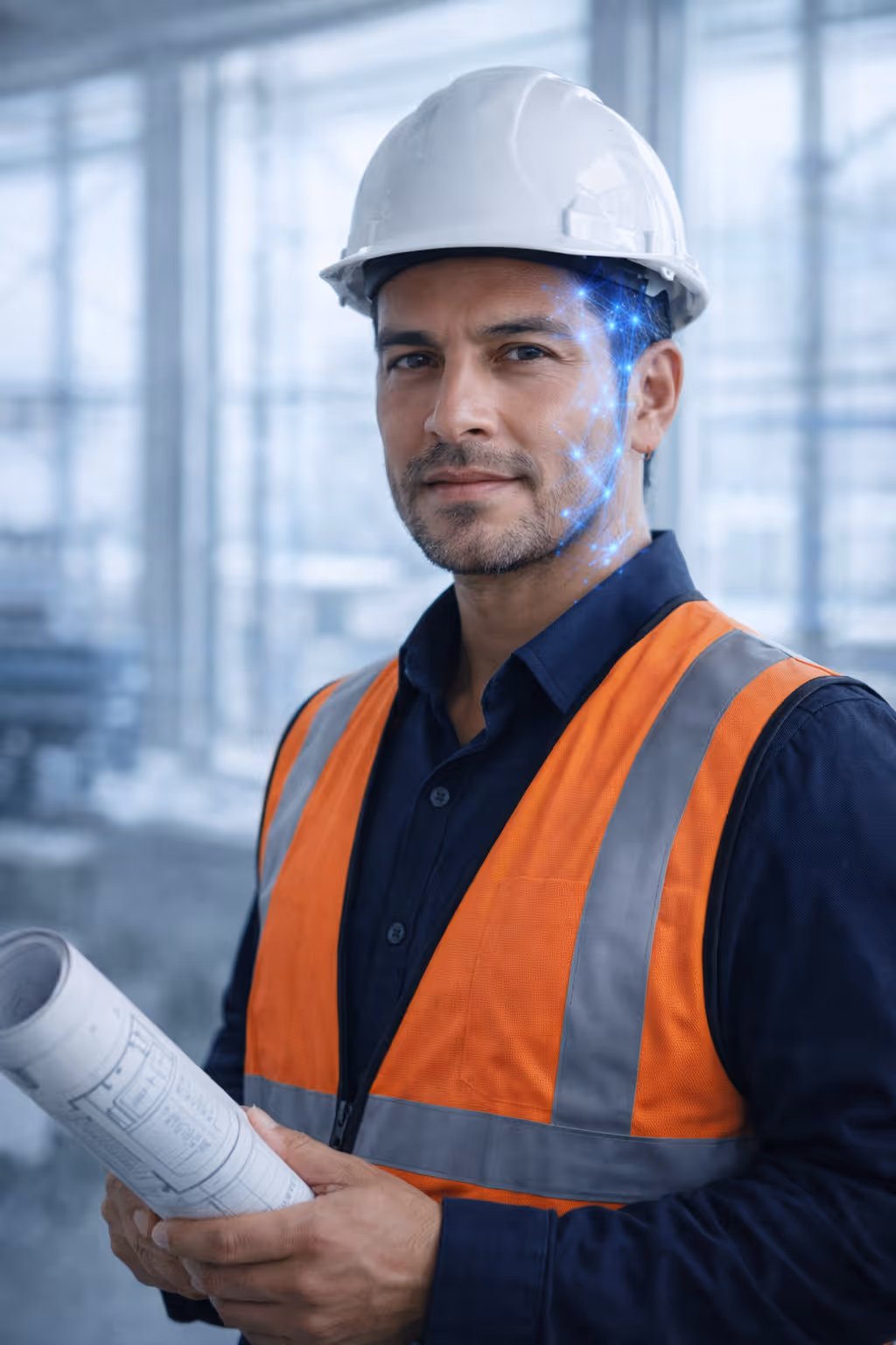 Portrait of a man with dark hair and beard, wearing a dark blue shirt, against a light background.