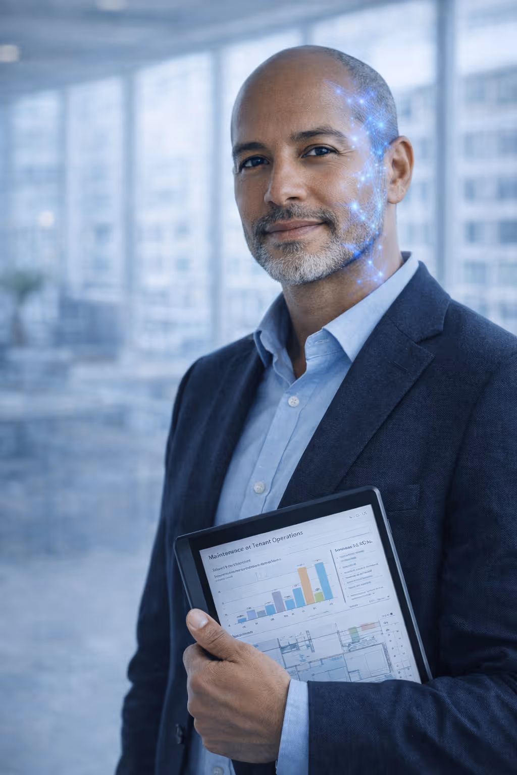 Headshot of a young man with dark hair and beard, wearing a blue shirt, against a light textured background.