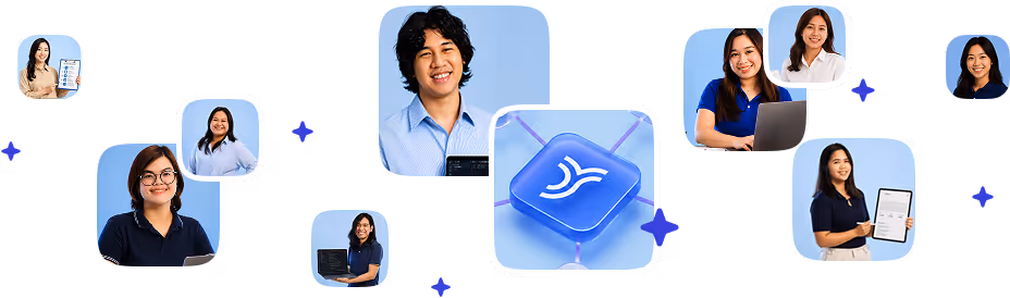 Smiling professionals using laptops and tablets around a central network icon with a blue background.