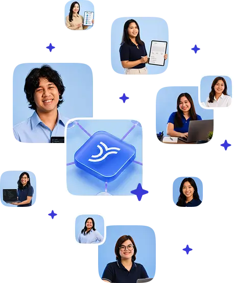 Collage of diverse professionals smiling and working on laptops with a central icon connecting them.
