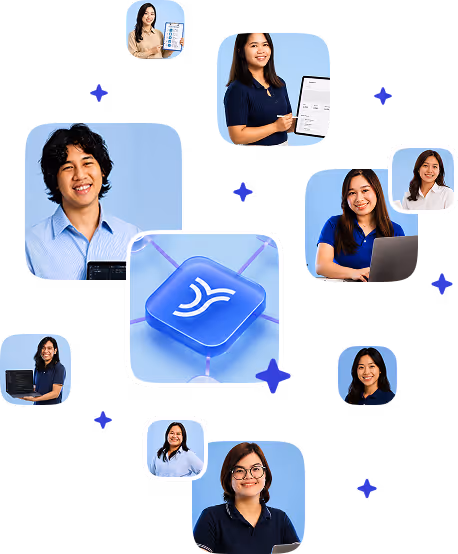Collage of diverse professionals smiling and working on laptops with a central icon connecting them.