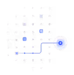 Abstract digital circuit with connected blue nodes on a black grid background.