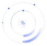 Central square icon with surrounded orbital paths and blue dots, symbolizing automation or network.