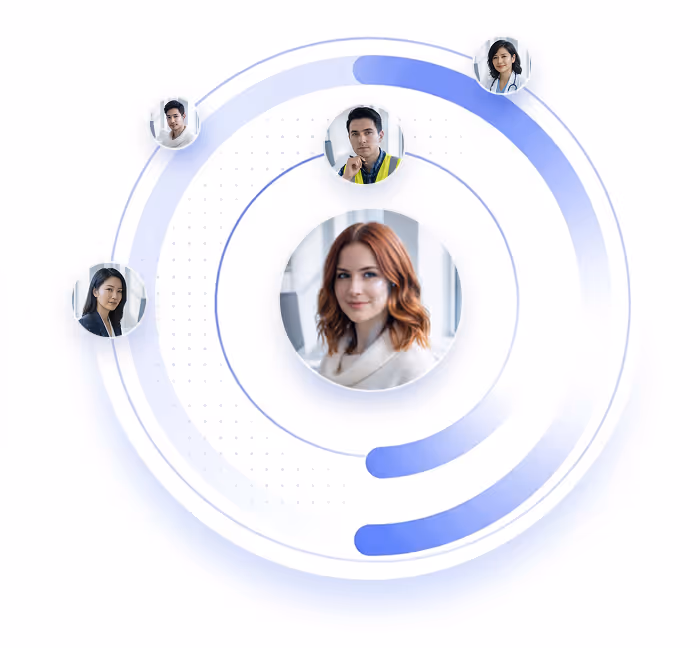 Central portrait of a woman surrounded by smaller portraits linked by circular blue lines.