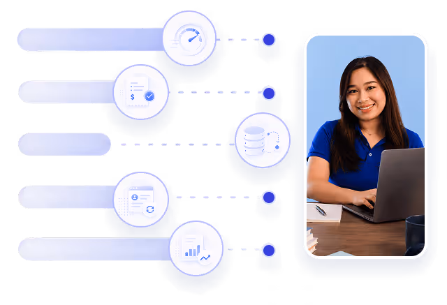 Smiling woman working on laptop beside four connected icons representing speed, payment, database, and analytics.