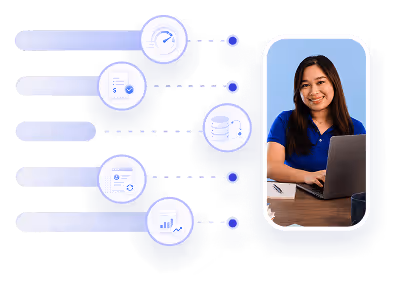 Smiling woman working on laptop with infographic icons showing charts and data connected around her.