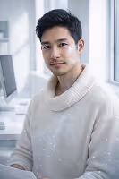 Young man with dark hair wearing a cream sweater, sitting in a bright modern office.