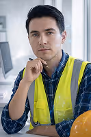 Man in construction vest sitting thoughtfully with hand on chin and helmet on table.