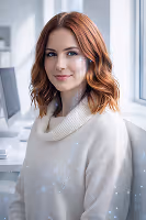 Woman with red hair wearing a white sweater, smiling in a bright modern office.