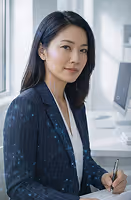 Confident businesswoman in a pinstripe blazer holding a pen at a desk with a computer.