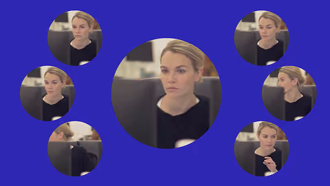 Multiple circular photos of a focused woman with blond hair working at a computer on a blue background.