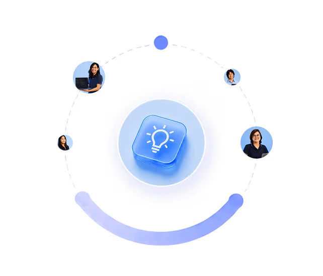 Blue light bulb icon surrounded by four people’s profile pictures connected in a circular network.