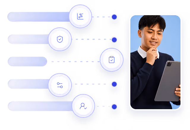 Smiling woman working on laptop beside four connected icons representing speed, payment, database, and analytics.